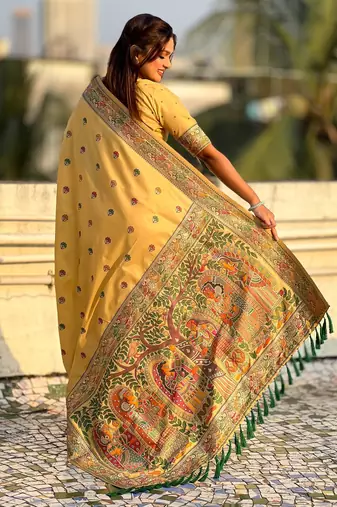 Yellow soft silk baluchari zari meena weaving saree with matching blouse piece