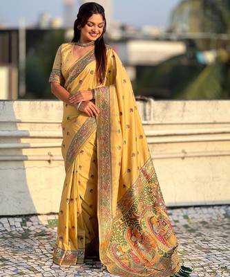 Yellow soft silk baluchari zari meena weaving saree with matching blouse piece 3