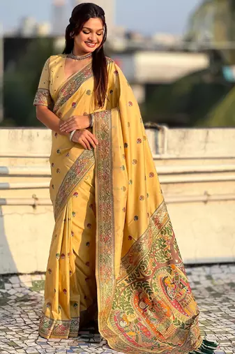 Yellow soft silk baluchari zari meena weaving saree with matching blouse piece