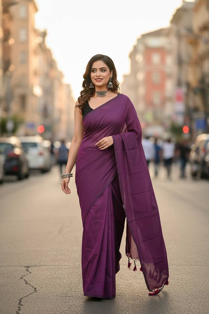 Magenta fancy cotton handloom saree with blouse piece for women