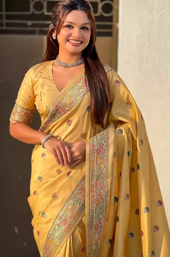 Yellow soft silk baluchari zari meena weaving saree with matching blouse piece