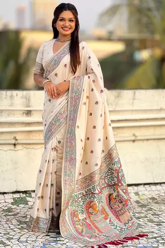 White soft silk baluchari zari meena weaving saree with matching blouse piece