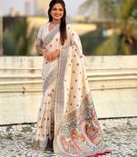 White soft silk baluchari zari meena weaving saree with matching blouse piece