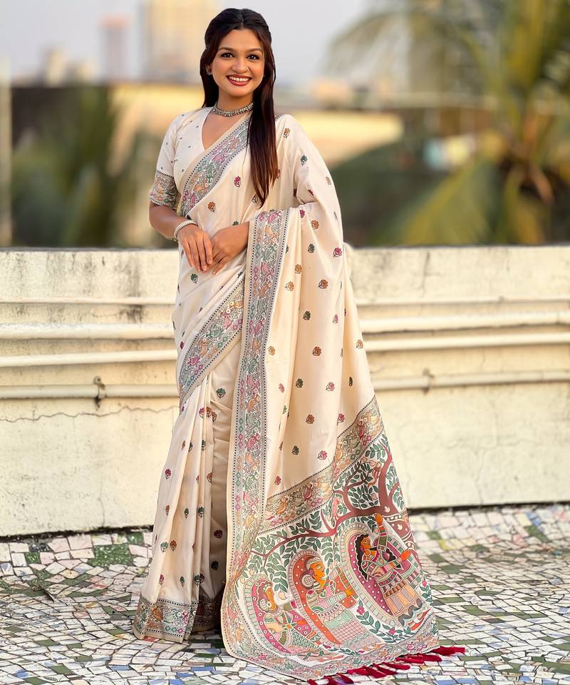 White soft silk baluchari zari meena weaving saree with matching blouse piece