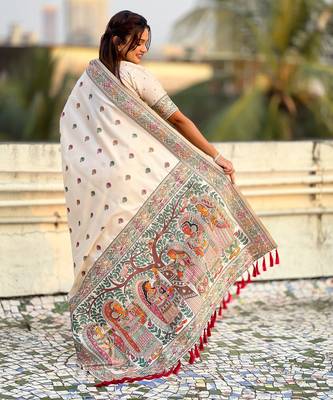 White soft silk baluchari zari meena weaving saree with matching blouse piece 2