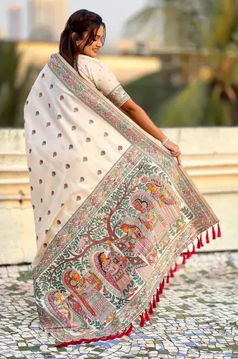 White soft silk baluchari zari meena weaving saree with matching blouse piece
