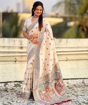 White soft silk baluchari zari meena weaving saree with matching blouse piece 3