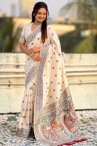 White soft silk baluchari zari meena weaving saree with matching blouse piece