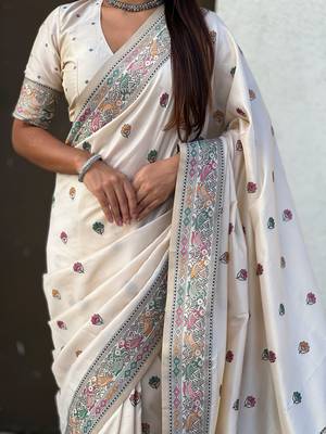 White soft silk baluchari zari meena weaving saree with matching blouse piece 4