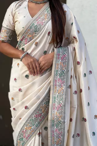 White soft silk baluchari zari meena weaving saree with matching blouse piece