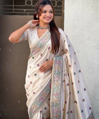 White soft silk baluchari zari meena weaving saree with matching blouse piece 5