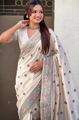 White soft silk baluchari zari meena weaving saree with matching blouse piece