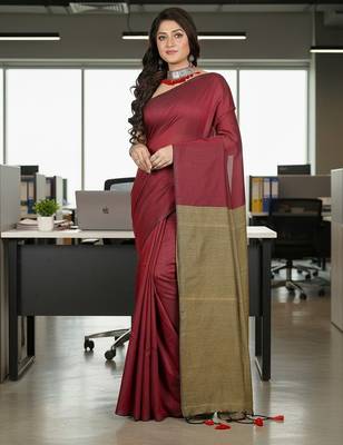 Maroon & golden fancy cotton handloom saree with blouse piece for women 2
