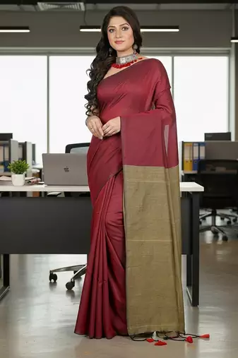 Maroon & golden fancy cotton handloom saree with blouse piece for women