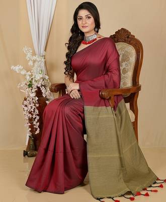 Maroon & golden fancy cotton handloom saree with blouse piece for women 3
