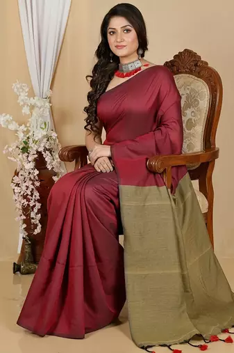Maroon & golden fancy cotton handloom saree with blouse piece for women