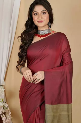 Maroon & golden fancy cotton handloom saree with blouse piece for women