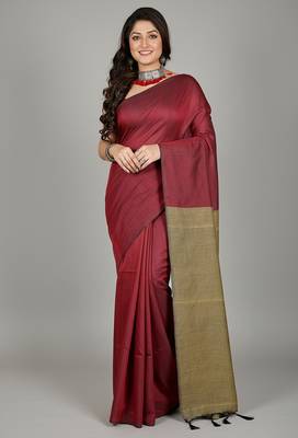 Maroon & golden fancy cotton handloom saree with blouse piece for women 5