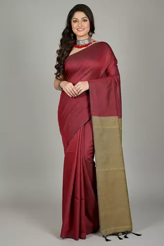 Maroon & golden fancy cotton handloom saree with blouse piece for women