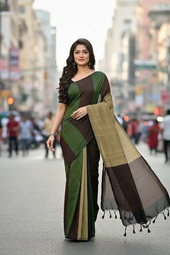 Multicolor fancy cotton handloom saree with blouse piece for women