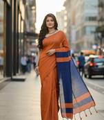 Orange & blue fancy cotton handloom saree with blouse piece for women
