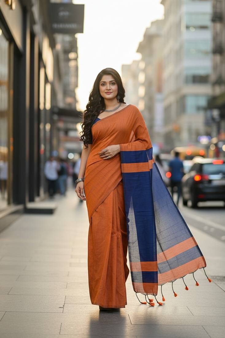 Orange & blue fancy cotton handloom saree with blouse piece for women