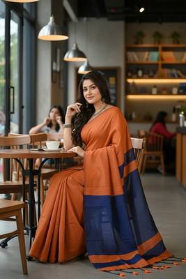 Orange & blue fancy cotton handloom saree with blouse piece for women 2