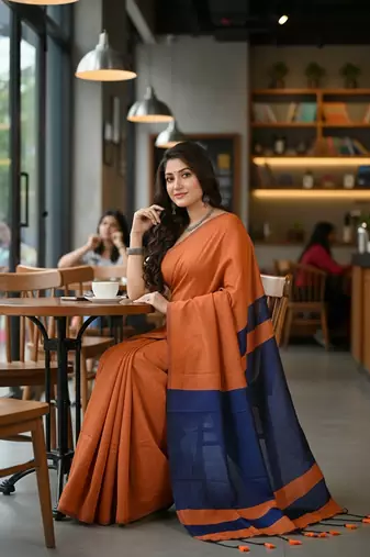 Orange & blue fancy cotton handloom saree with blouse piece for women