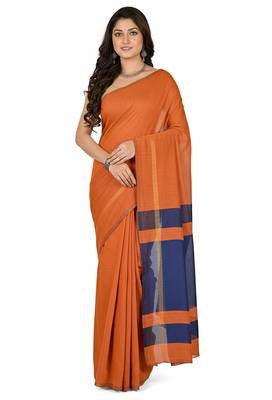 Orange & blue fancy cotton handloom saree with blouse piece for women 3