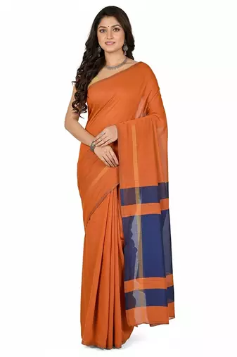 Orange & blue fancy cotton handloom saree with blouse piece for women