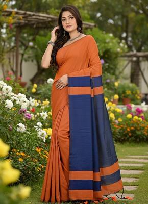 Orange & blue fancy cotton handloom saree with blouse piece for women 4