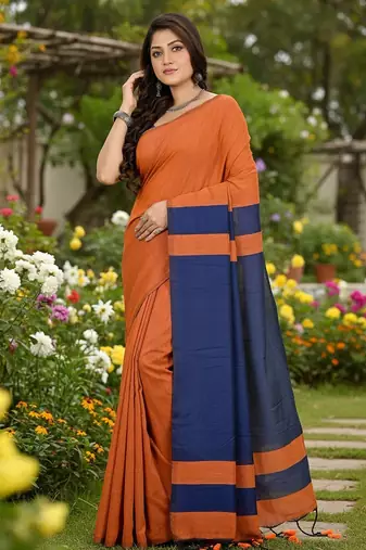 Orange & blue fancy cotton handloom saree with blouse piece for women