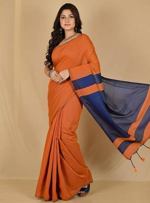 Orange & blue fancy cotton handloom saree with blouse piece for women 5