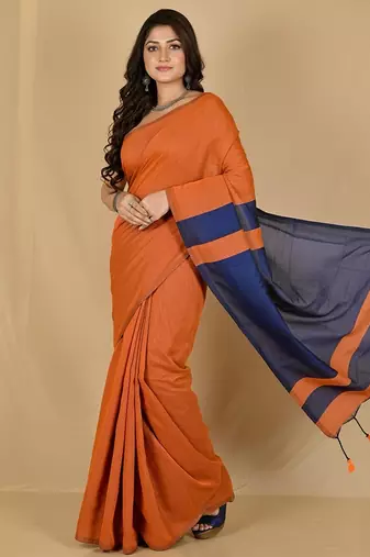 Orange & blue fancy cotton handloom saree with blouse piece for women