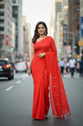Orange fancy cotton handloom saree with blouse piece for women