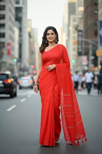 Orange fancy cotton handloom saree with blouse piece for women