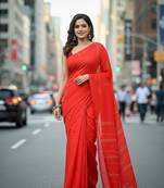 Orange fancy cotton handloom saree with blouse piece for women