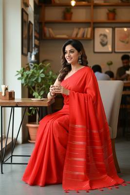 Orange fancy cotton handloom saree with blouse piece for women 2