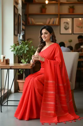 Orange fancy cotton handloom saree with blouse piece for women