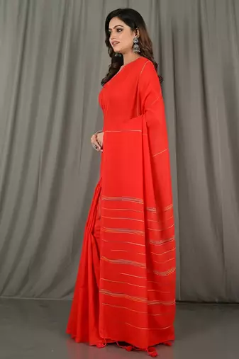 Orange fancy cotton handloom saree with blouse piece for women