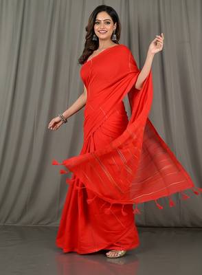 Orange fancy cotton handloom saree with blouse piece for women 5