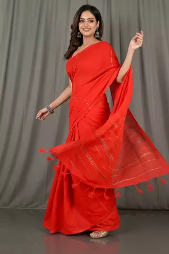 Orange fancy cotton handloom saree with blouse piece for women
