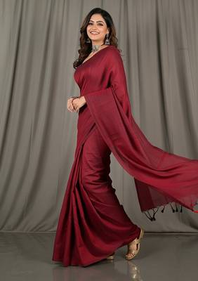 Red fancy cotton handloom saree with blouse piece for women 4