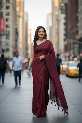 Red fancy cotton handloom saree with blouse piece for women 1