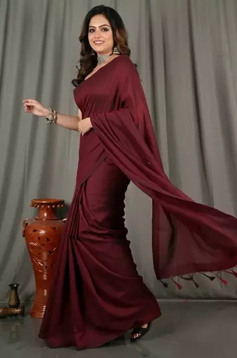Red fancy cotton handloom saree with blouse piece for women