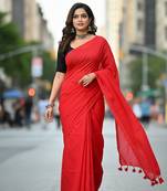 Red fancy cotton handloom saree with blouse piece for women