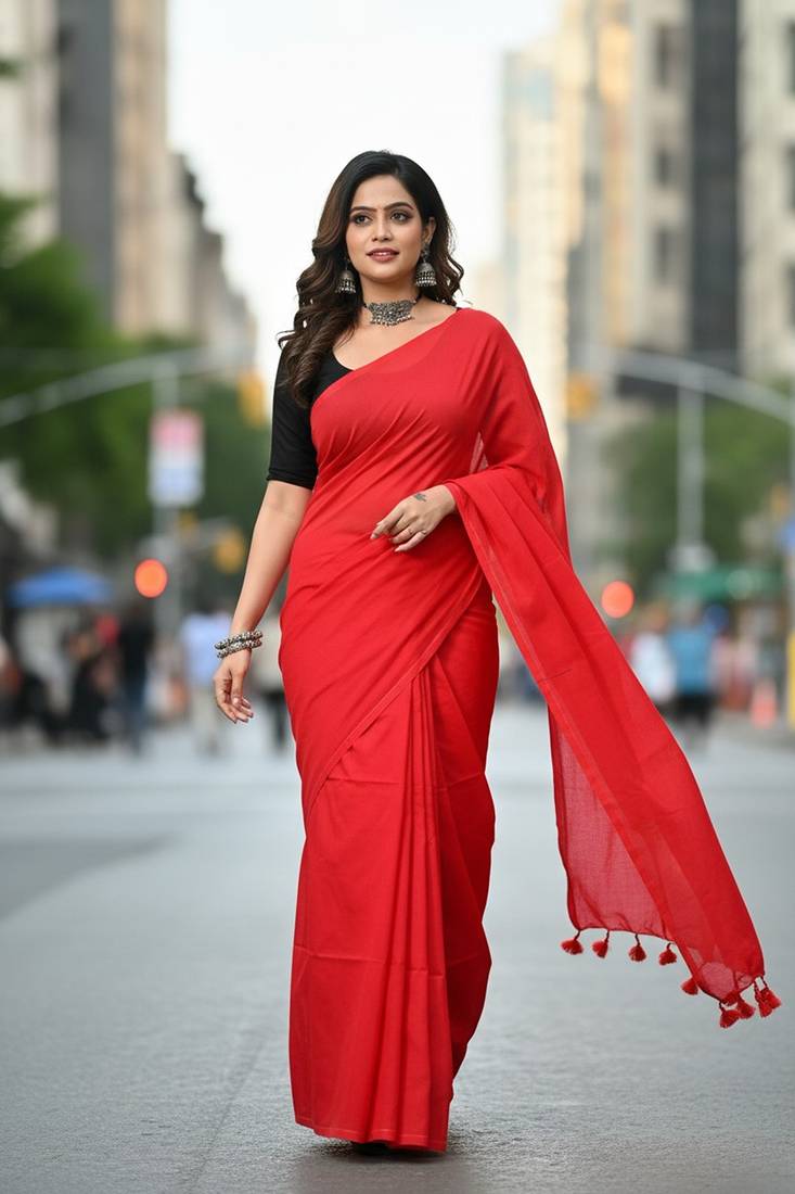 Red fancy cotton handloom saree with blouse piece for women