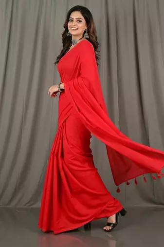 Red fancy cotton handloom saree with blouse piece for women