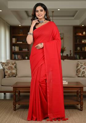 Red fancy cotton handloom saree with blouse piece for women 5