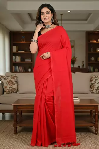 Red fancy cotton handloom saree with blouse piece for women